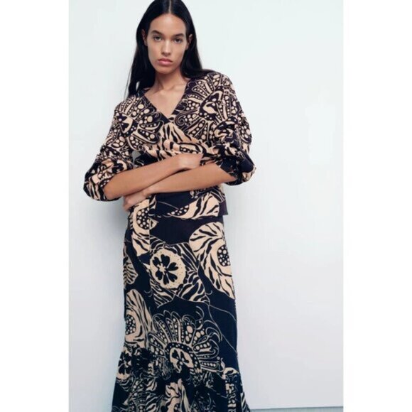NWOT Zara linen blend botanical print brown & butter tan high waist skirt, XS - Picture 2 of 12